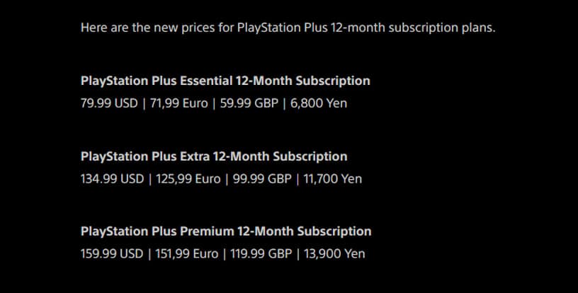 New prices for 12-month PlayStation Plus subscription plans